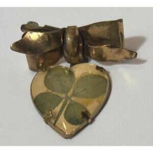 Vintage Brass Four Leaf Clover Heart Locket Brooch with Bow